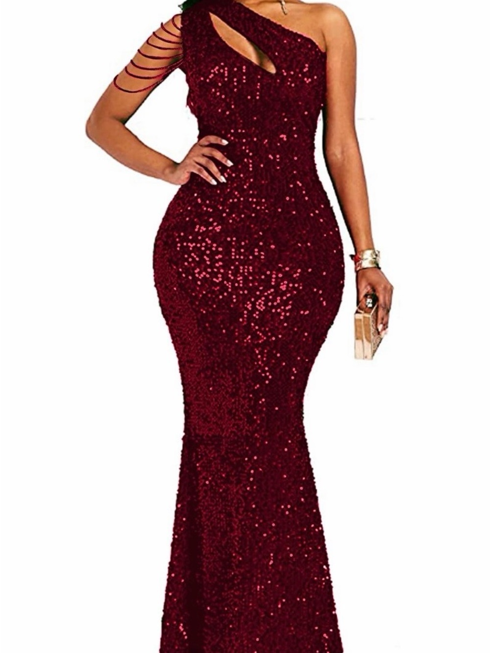 Elegant One-Shoulder Burgundy Sequin Evening Gown